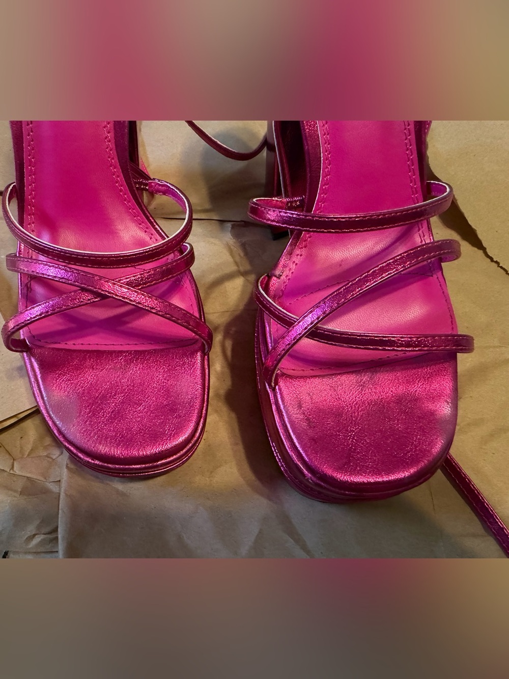 Azalea Wang Metallic Hot Pink Platform Strappy Heels with Wrap Ankle Ties - Picture 9 of 9